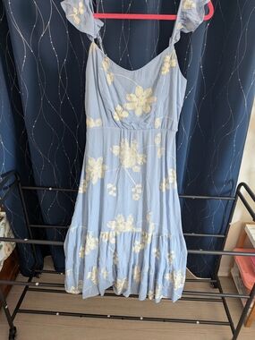 Lily Rose Light Blue Midi Dress with Cream Floral Embroidery